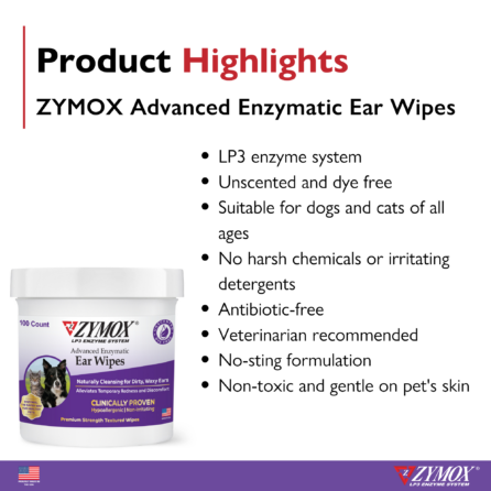 Zymox Advanced Enzymatic Ear Wipes for Cats & Dogs (100 Count)