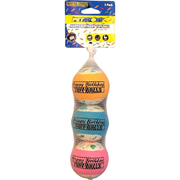 PETSPORT HAPPY BIRTHDAY TUFF BALLS (2.5 IN/3 PK, ASSORTED)